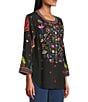John Mark Petite Size Woven Embroidered Banded Collar 3/4 Cuffed Sleeve Hi-Low Hem Tunic, Color:Black - Image 3