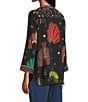 John Mark Petite Size Woven Embroidered Banded Collar 3/4 Cuffed Sleeve Hi-Low Hem Tunic, Color:Black - Image 4