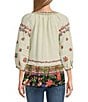 Color:Soft Stone - Image 2 - Petite Size Woven Floral Border Print Split Neck 3/4 Pintuck Sleeve Embroidered Ruffle Hem Tunic