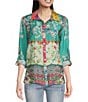Color:Floral Multi - Image 1 - Petite Size Woven Floral Printed Point Collar Roll Tab Long Sleeve Button Front Tunic