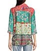 Color:Floral Multi - Image 2 - Petite Size Woven Floral Printed Point Collar Roll Tab Long Sleeve Button Front Tunic