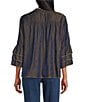 John Mark Petite Size Woven Metallic Embroidered Ruffled Split V-Neck 3/4 Sleeve Hi-Low Hem Peasant Top, Color:Navy - Image 2
