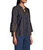 John Mark Petite Size Woven Metallic Embroidered Ruffled Split V-Neck 3/4 Sleeve Hi-Low Hem Peasant Top, Color:Navy - Image 3
