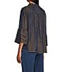 John Mark Petite Size Woven Metallic Embroidered Ruffled Split V-Neck 3/4 Sleeve Hi-Low Hem Peasant Top, Color:Navy - Image 4