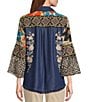 Color:Multi - Image 2 - Petite Size Woven Mixed Animal Print Point Collar 3/4 Flounce Sleeve Curved Hem Button Front Tunic