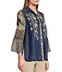 Color:Multi - Image 4 - Petite Size Woven Mixed Animal Print Point Collar 3/4 Flounce Sleeve Curved Hem Button Front Tunic