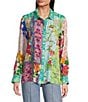 John Mark Petite Size Woven Mixed Floral Point Collar Long Roll-Tab Sleeve Button-Front Blouse, Color:Floral Multi - Image 1