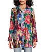 Color:Floral Multi - Image 3 - Petite Size Woven Mixed Floral Print Point Collar Roll-Tab Sleeve Button Front Tunic