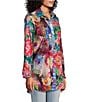 Color:Floral Multi - Image 4 - Petite Size Woven Mixed Floral Print Point Collar Roll-Tab Sleeve Button Front Tunic