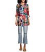 Color:Floral Multi - Image 6 - Petite Size Woven Mixed Floral Print Point Collar Roll-Tab Sleeve Button Front Tunic