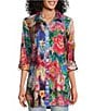 Color:Floral Multi - Image 1 - Petite Size Woven Mixed Floral Print Point Collar Roll-Tab Sleeve Button Front Tunic