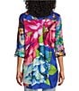 Color:Floral Multi - Image 2 - Petite Size Woven Mixed Floral Print Point Collar Roll-Tab Sleeve Button Front Tunic