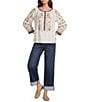 John Mark Petite Size Woven Mixed Print Embroidered Round Neck 3/4 Raglan Sleeve Tunic - Image 4