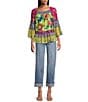 John Mark Petite Size Woven Mixed Print Scoop Neck 3/4 Flounce Sleeve Blouse, Color:Citron - Image 3