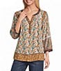 John Mark Petite Size Woven Mixed Print Y-Neck 3/4 Sleeve Lace Pintuck Tunic - Image 1
