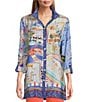 Color:Multi - Image 1 - Petite Size Woven Novelty Print Wire Collar Long Roll-Tab Sleeve Button-Front Tunic