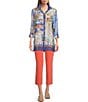 Color:Multi - Image 3 - Petite Size Woven Novelty Print Wire Collar Long Roll-Tab Sleeve Button-Front Tunic