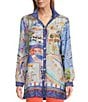 Color:Multi - Image 4 - Petite Size Woven Novelty Print Wire Collar Long Roll-Tab Sleeve Button-Front Tunic