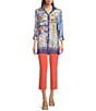 Color:Multi - Image 3 - Petite Size Woven Novelty Print Wire Collar Long Roll-Tab Sleeve Button-Front Tunic