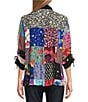 John Mark Petite Size Woven Patch Print Wire Collar 3/4 Cinch Tie Sleeve Button-Front Shirt, Color:Patch Multiple - Image 2