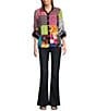 John Mark Petite Size Woven Patch Print Wire Collar 3/4 Cinch Tie Sleeve Button-Front Shirt, Color:Patch Multiple - Image 3