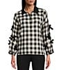 John Mark Petite Size Woven Plaid Velvet Bow Point Collar Long Sleeve Button Front Shirt, Color:Black - Image 1