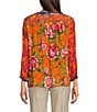 John Mark Petite Size Woven Printed Split V-Neck 3/4 Sleeve Button-Front Blouse, Color:Orange Print - Image 2