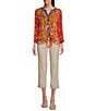 John Mark Petite Size Woven Printed Split V-Neck 3/4 Sleeve Button-Front Blouse, Color:Orange Print - Image 3