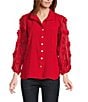 John Mark Petite Size Woven Wire Collar Sheer 3/4 3D Rosette Sleeve Button Front Blouse, Color:Scarlet - Image 1