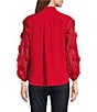 John Mark Petite Size Woven Wire Collar Sheer 3/4 3D Rosette Sleeve Button Front Blouse, Color:Scarlet - Image 2