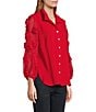 John Mark Petite Size Woven Wire Collar Sheer 3/4 3D Rosette Sleeve Button Front Blouse, Color:Scarlet - Image 3