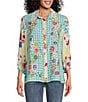 Color:Floral Garden - Image 1 - Plaid Embroidered Floral Point Collar 3/4 Sleeve Button-Front Shirt