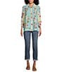Color:Floral Garden - Image 3 - Plaid Embroidered Floral Point Collar 3/4 Sleeve Button-Front Shirt