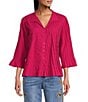 John Mark Pleated Solid Color Wire Collar 3/4 Sleeve Button Front Shirt, Color:Magenta - Image 1