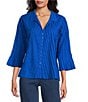 John Mark Pleated Solid Color Wire Collar 3/4 Sleeve Button Front Shirt, Color:Royal - Image 1