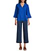 John Mark Pleated Solid Color Wire Collar 3/4 Sleeve Button Front Shirt, Color:Royal - Image 5