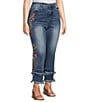 Color:Medium Denim - Image 3 - Plus Size 5 Pocket Floral Embrioderd Double Fringe Hem Straight Leg Jeans