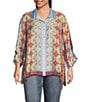Color:Abstract Multi - Image 1 - Plus Size Abstract Print Collar Neck 3/4 Sleeve Hi-Low Hem Button Front Top