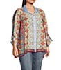 Color:Abstract Multi - Image 3 - Plus Size Abstract Print Collar Neck 3/4 Sleeve Hi-Low Hem Button Front Top