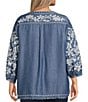 John Mark Plus Size All Over Floral Embroidered Band Split V-Neck 3/4 Sleeve Top, Color:Indigo - Image 2
