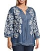 John Mark Plus Size All Over Floral Embroidered Band Split V-Neck 3/4 Sleeve Top, Color:Indigo - Image 3