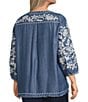 John Mark Plus Size All Over Floral Embroidered Band Split V-Neck 3/4 Sleeve Top, Color:Indigo - Image 4