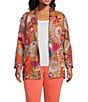 Color:Melon Print - Image 1 - Plus Size All Over Paisley Print Embroidered Notch Lapel Collar 3/4 Sleeve Open-Front Jacket