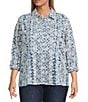 John Mark Plus Size Allover Embroidered Eyelet Printed Point Collar Long Roll-Tab Sleeve Button-Front Tunic, Color:Blue Print - Image 1
