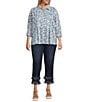 John Mark Plus Size Allover Embroidered Eyelet Printed Point Collar Long Roll-Tab Sleeve Button-Front Tunic, Color:Blue Print - Image 3