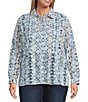 John Mark Plus Size Allover Embroidered Eyelet Printed Point Collar Long Roll-Tab Sleeve Button-Front Tunic, Color:Blue Print - Image 4