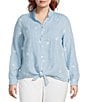 John Mark Plus Size Allover Embroidered Stars Wire Collar Long Roll-Tab Sleeve Button Front Tie Blouse, Color:Chambray - Image 1