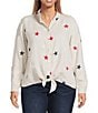 John Mark Plus Size Allover Embroidered Stars Wire Collar Long Roll-Tab Sleeve Button Front Tie Blouse, Color:Flax - Image 1