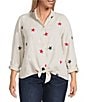 John Mark Plus Size Allover Embroidered Stars Wire Collar Long Roll-Tab Sleeve Button Front Tie Blouse, Color:Flax - Image 3