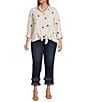 John Mark Plus Size Allover Embroidered Stars Wire Collar Long Roll-Tab Sleeve Button Front Tie Blouse, Color:Flax - Image 4